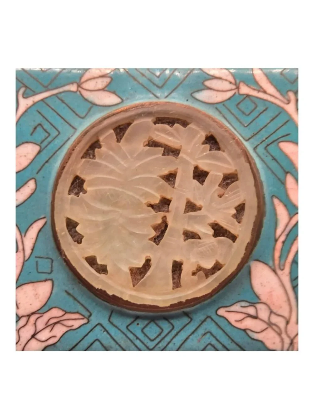 Vintage Cloisonné Trinket Box  Carved Jade Inlay Floral Motif Blue Pink Design